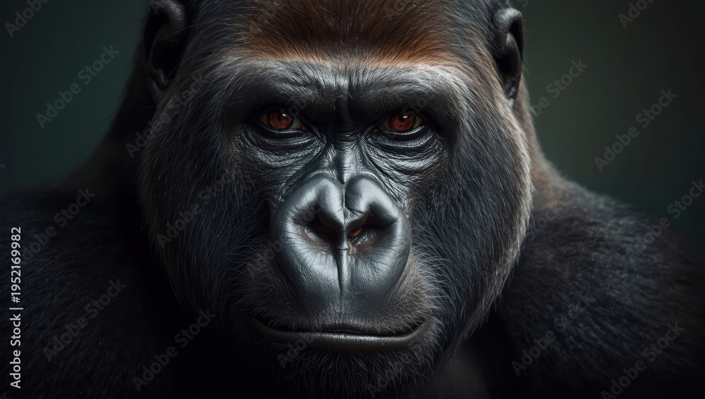 Fototapeta premium Majestic gorilla close up with intense gaze and detailed fur texture, dramatic mood