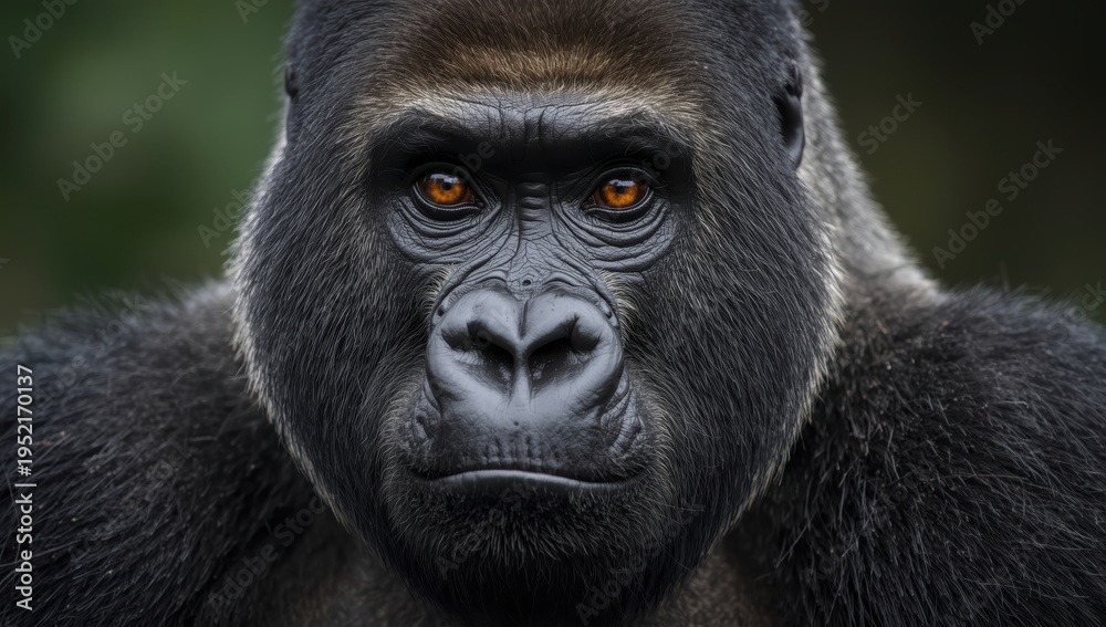 Obraz premium Closeup gorilla portrait with intense amber eyes and textured fur