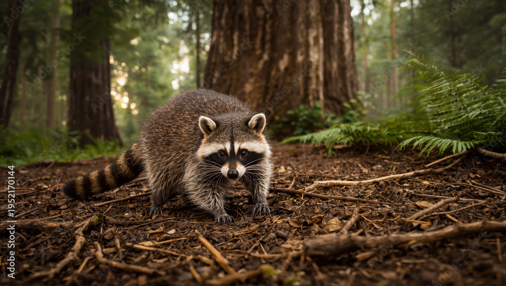 Obraz premium Curious raccoon in forest undergrowth with fern and redwood trunk