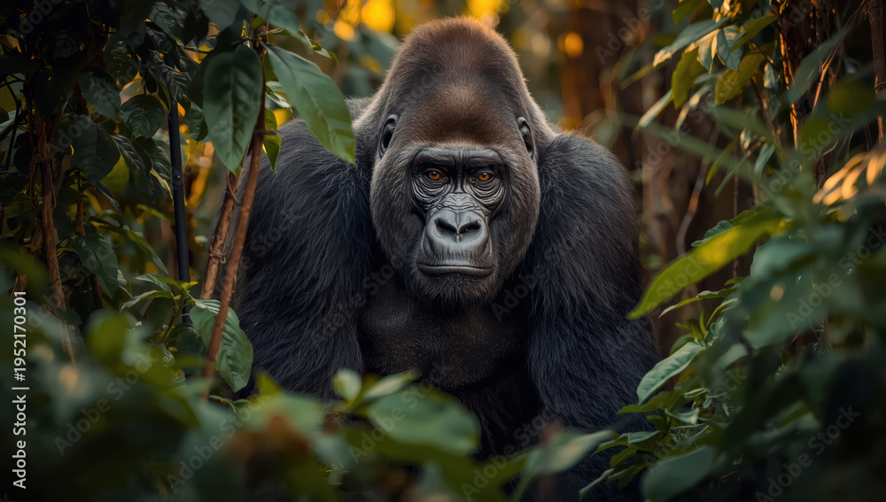Fototapeta premium Mountain gorilla portrait in lush tropical forest with warm backlight