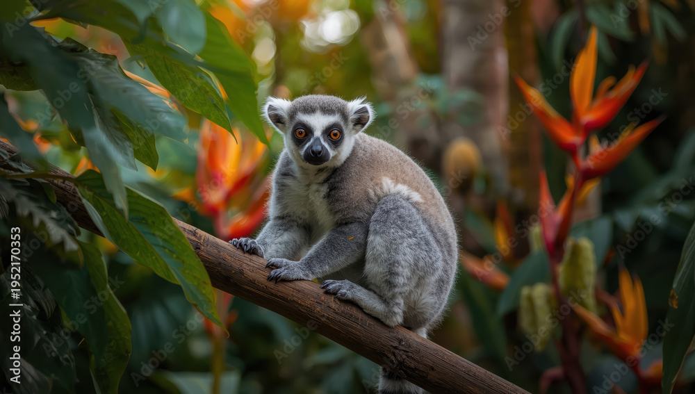 Fototapeta premium Ring tailed lemur perched on branch in tropical forest with vivid flowers and foliage