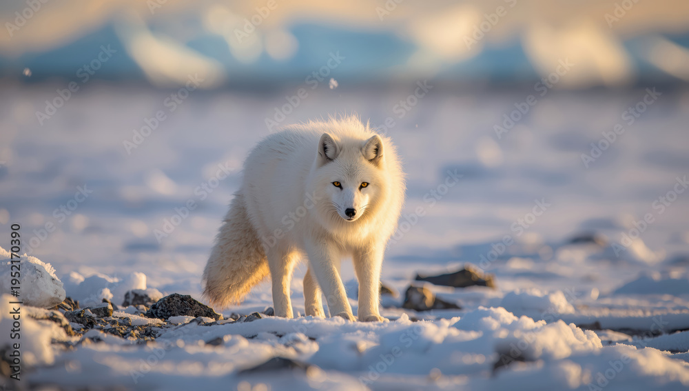 Obraz premium Arctic fox white fur winter landscape snowy shore golden light