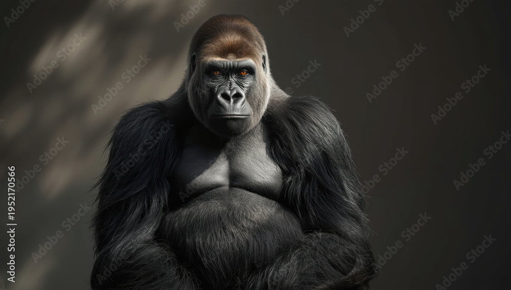 Fototapeta premium Majestic silverback gorilla portrait with dramatic lighting and calm expression