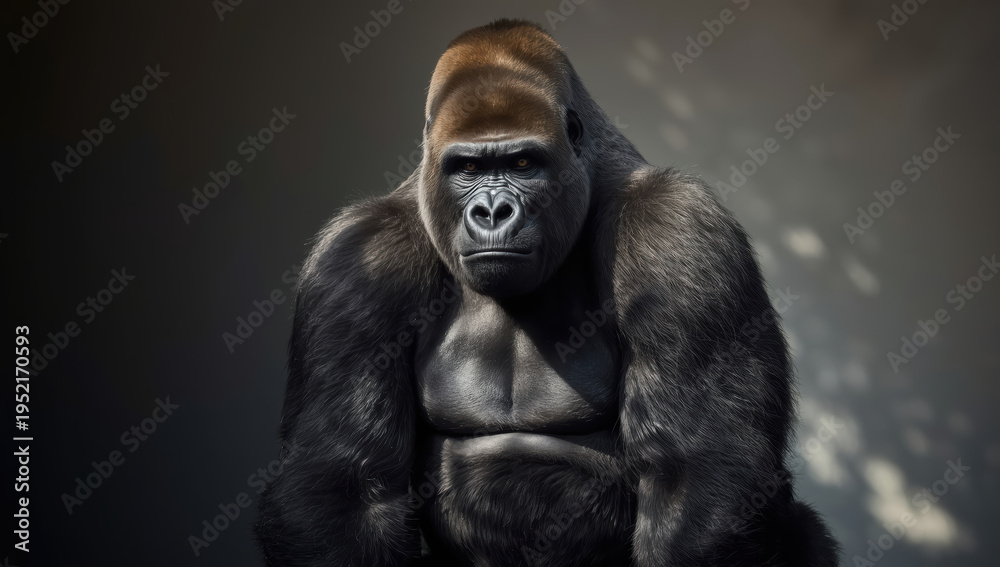 Obraz premium Majestic gorilla portrait powerful silverback sitting in soft light emotive