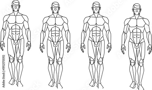 Minimalist vector illustration of young people featuring a fashion model silhouette and human anatomy sketch with front and back figure outlines