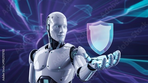Futuristic robot holding a glowing shield with abstract background