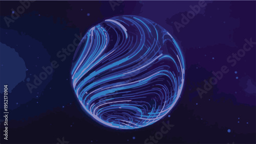 Abstract Glowing Sphere With Swirling Blue Lines In Dark Space planet globe