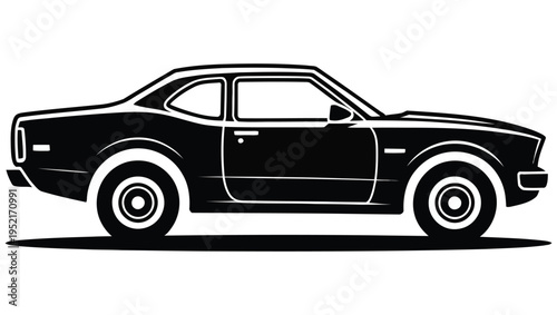 A black and white silhouette of a classic american muscle car side view presented