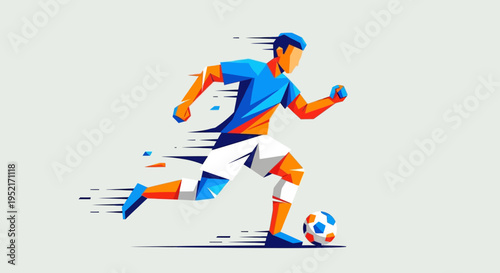 Dynamic illustration of a soccer player dribbling a ball with speed lines, showcasing motion and energy.