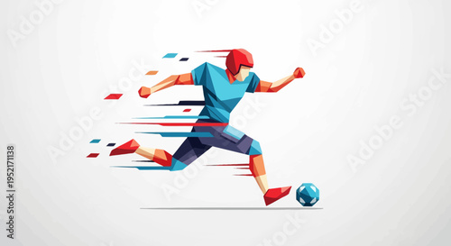 Dynamic illustration of a soccer player in mid-action, kicking a football with speed and energy on a light background.