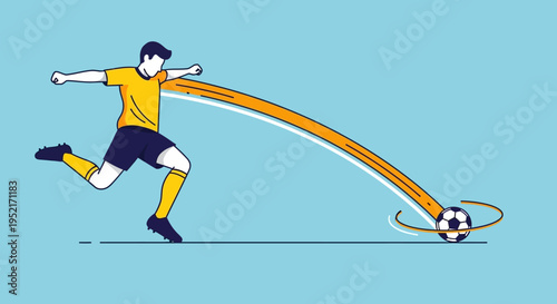 An illustration of a soccer player performing a curved kick, showing the ball's spinning trajectory in a dynamic sports action scene.