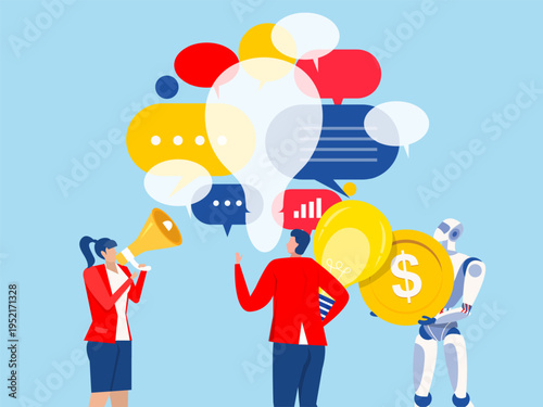 brainstorming session concept business team with robot discussing ideas with speech bubbles and a light bulb silhouette symbolizing innovation, teamwork, and problem-solving