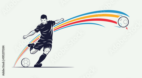 A dynamic illustration of a male soccer player in a dark uniform kicking a ball with colorful motion trails, depicting speed and energy in the sport.