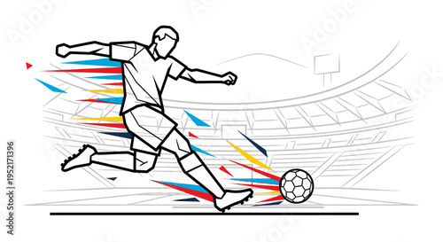 Dynamic line art illustration of a soccer player kicking a ball with speed and power in front of a stadium outline.