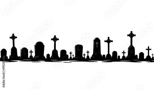 Cemetery silhouette panorama with tombstones crosses and gravestones isolated on white background