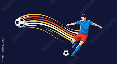 Dynamic illustration of a male soccer player in a blue shirt and red shorts kicking a football with a colorful speed trail against a dark background.