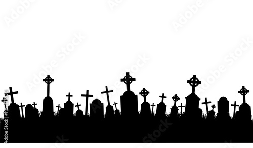 Graveyard silhouette border with tombstones and crosses isolated on white background for halloween design