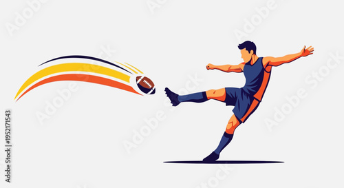Dynamic illustration of a male athlete in a blue and orange uniform kicking an American football with a colorful motion trail.