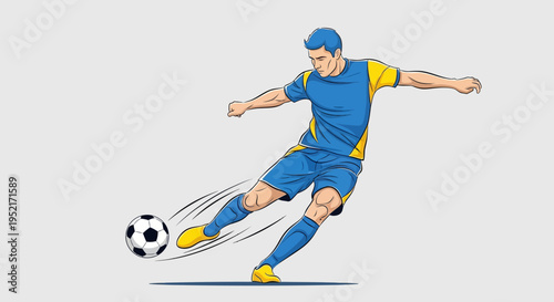 Dynamic illustration of a male soccer player in a blue and yellow uniform powerfully kicking a black and white soccer ball with motion lines.