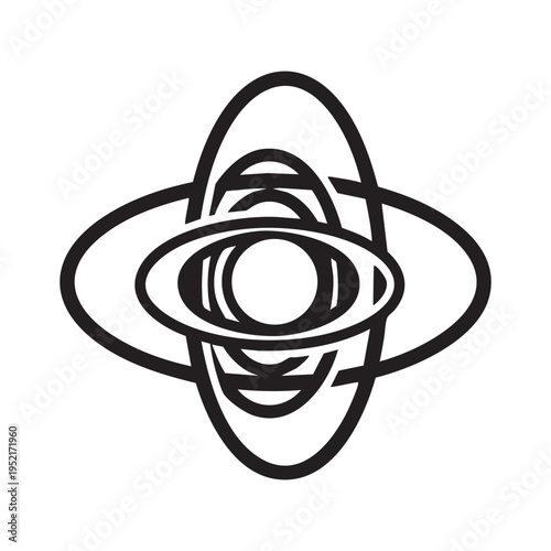 A minimalist black and white graphic design featuring intersecting elliptical geometric shapes