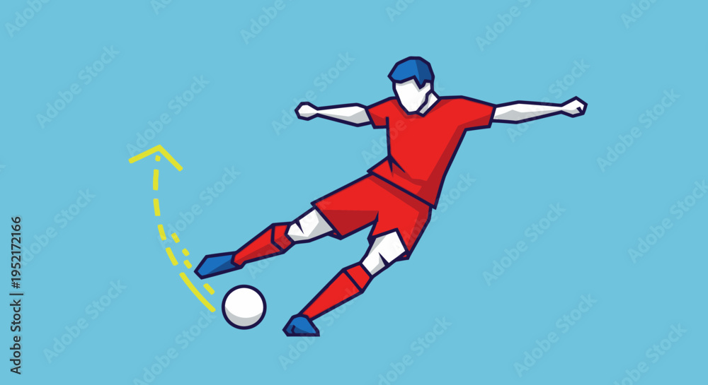 Obraz premium A soccer player in a red uniform kicking a white ball with a yellow arrow showing its curved trajectory on a blue background.