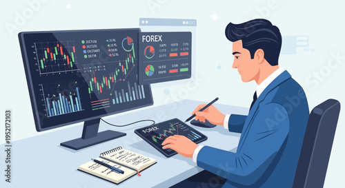 Businessman analyzing financial data on computer monitor and tablet