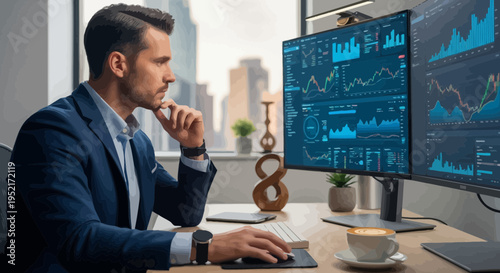 Businessman analyzing financial data on computer monitors near window