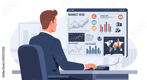 Businessman analyzing financial data on computer screen in modern office