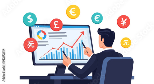 Businessman analyzing financial data on computer screen with currency symbols
