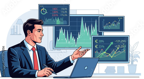 Businessman analyzing financial data on computer screens for business strategy