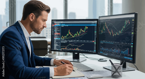 Businessman analyzing financial data on computer screens in modern office