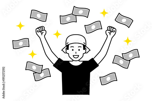 舞うお札とバンザイで喜ぶ居酒屋の男性店員