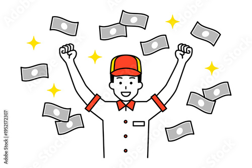 舞うお札とバンザイで喜ぶファストフード店の男性店員