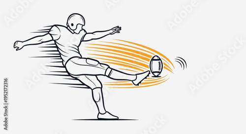 Dynamic line art illustration of an American football player in action, kicking a football with speed lines.