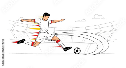 A male soccer player in a stadium kicking a football with dynamic motion lines, illustrating speed and action in a sports event.