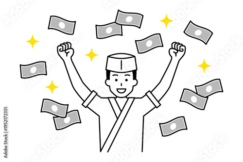 舞うお札とバンザイで喜ぶ和食屋の男性店員