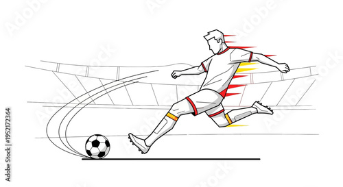 Dynamic illustration of a soccer player kicking a football with speed on a field inside a stadium.