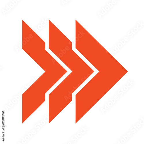A minimalist graphic design featuring three bright orange chevrons pointing towards the right side