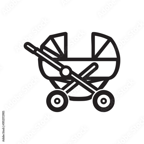 A minimalist black and white outline icon representing a classic baby carriage for transportation