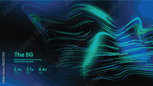 5G Network Abstract Green And Blue Flowing Energy Waves With Data Streams fifth generation cellular networks