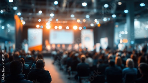 Audience attending a conference or presentation in a large auditorium with stage lights