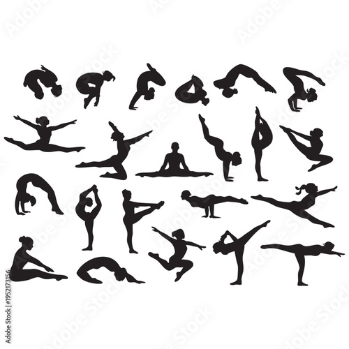 Black silhouettes of people performing yoga and dance poses