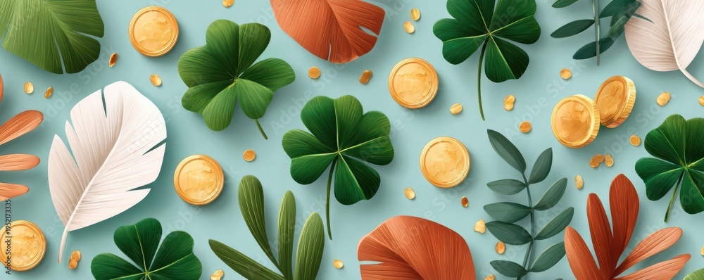 Obraz premium St. Patrick's Day background with shamrocks, gold coins and tropical leaves on turquoise