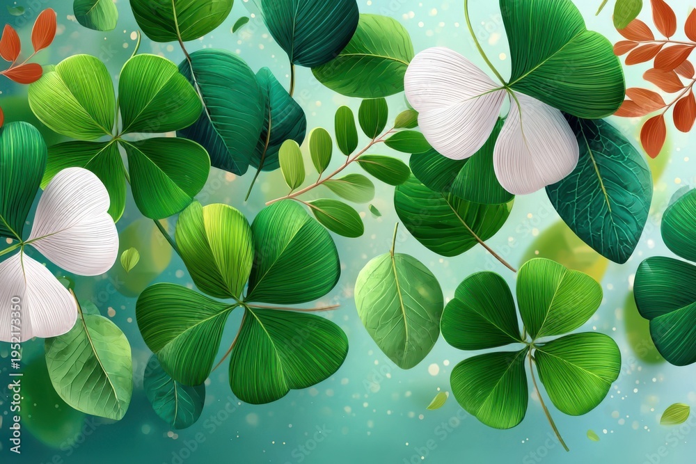 Naklejka premium St. Patrick's Day background with shamrocks and clover leaves on soft green bokeh