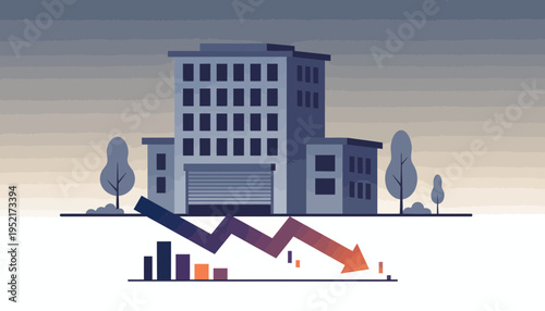 Business Decline Illustrated by a Downward Arrow Graph and a Commercial Building