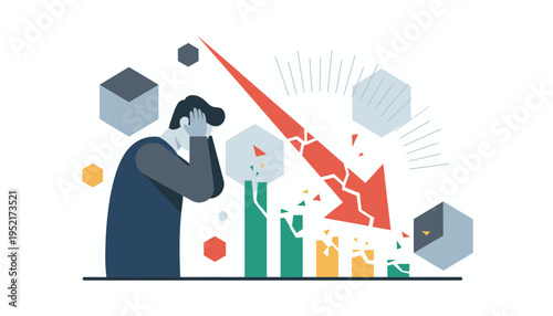 Financial crisis Distressed individual watches market collapse, broken chart, plummeting arrow, symbolizing economic recession and business failure