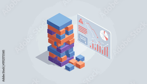 Strategic decision-making and risk assessment in business development, visualized through a game of Jenga and financial analytics