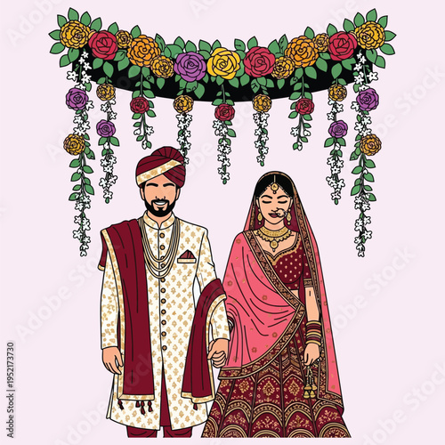 Indian wedding couple in traditional red and gold bridal attire holding hands under floral arch
