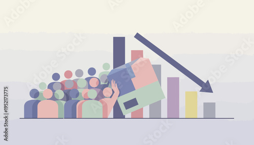 Conceptual depiction of a downward trend affecting a crowd, symbolizing an economic crisis, business decline, or social impact with negative consequences