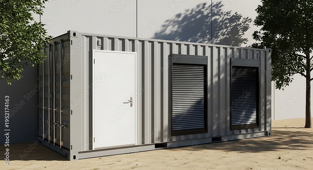 Fototapeta premium Gray shipping container with white door and roller shutters in outdoor setting